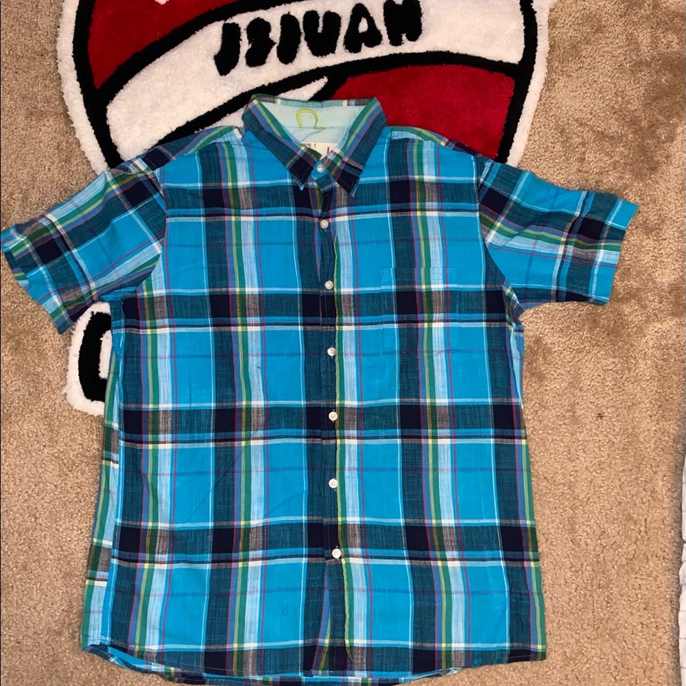 Blue Plaid Polo Short Sleeve Size M, Fits Well.